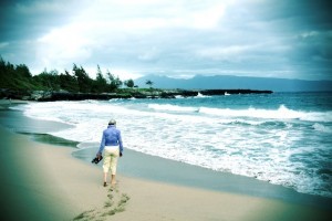 Carol walking DT Fleming Beach, Maui