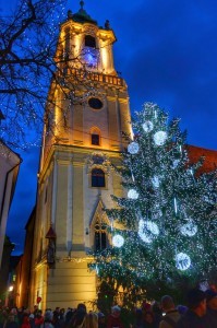 Night stroll through the Christmas Market in the town square of Bratislava, Slovakia