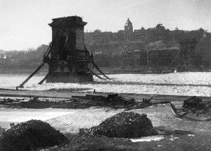 The Széchenyi Chain Bridge and the Buda Castle in ruins after World War II (1946)