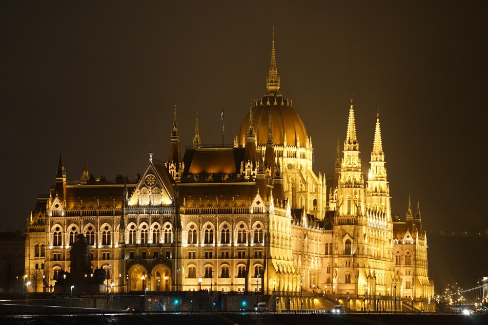 Night shot of the Budapest Parliament Building from our Viking River Cruises ship on the Danube.