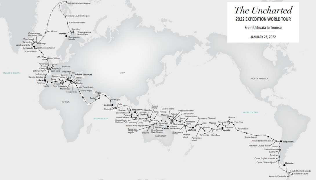 Map for the 2022 Silversea Expedition World Tour