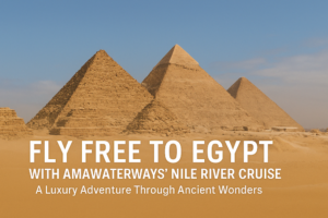 AmaWaterways Egypt Nile River Cruise graphic featuring free airfare and 5% discount
