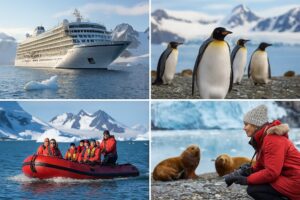 A collage of four high-quality photographs showcases luxury expedition cruises, including close-up wildlife, icy landscapes, expert guides, and small expedition ships in remote destinations.