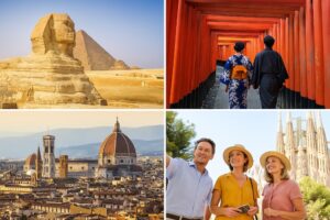 A collage of four high-resolution photographs representing luxury small group land tours: travelers exploring the pyramids in Egypt, a serene temple in Japan during cherry blossom season, a scenic Italian hillside village, and a vibrant Spanish plaza with historic architecture.