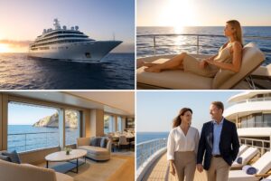 Collage of four photographs showcasing luxury yacht cruises, including elegant small ships, sun-soaked decks, gourmet dining, and intimate coastal experiences.