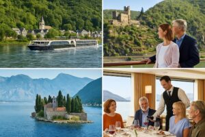 Collage of luxury river cruise experiences in Europe, featuring scenic villages, elegant river ships, historic city excursions, and relaxed onboard moments along iconic rivers.