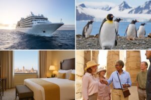 Collage of luxury travel experiences including ocean cruising, river cruising, expedition adventures, and small-group land tours