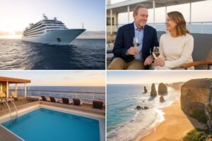 A collage of luxury ocean cruise scenes featuring a white cruise ship at sea, elegantly dressed travelers on deck, a scenic coastal port, and a couple enjoying drinks with a sea view.