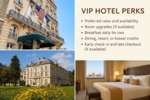 Collage of luxury hotel experiences including a Virtuoso VIP perks graphic, elegant hotel exterior, upscale guest room, and scenic rooftop pool deck.