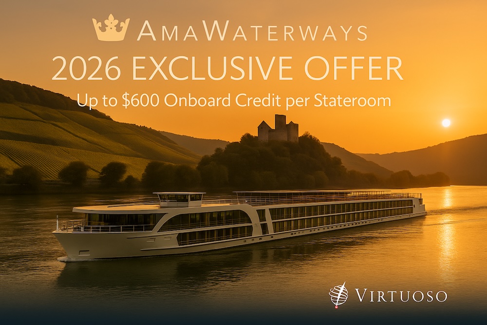 AmaWaterways 2026 exclusive Virtuoso offer with up to $600 onboard credit per stateroom, featuring a river cruise ship at sunset