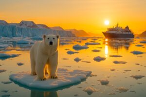 Arctic expedition cruise polar bear at sunset with ice and glacier