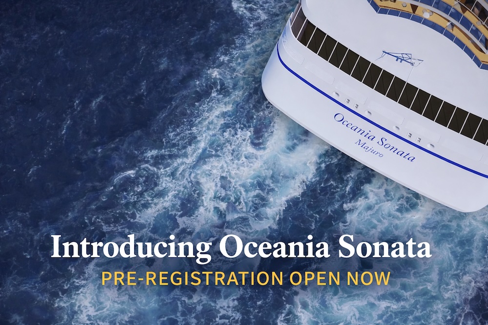 Aerial view of Oceania Sonata cutting through the ocean, announcing pre-registration now open for Oceania Cruises’ newest luxury ship.