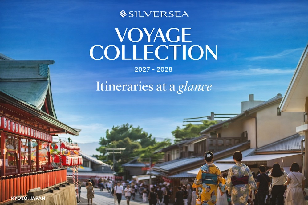 Silversea Voyage Collection 2027–2028 featuring travelers walking through Kyoto, Japan, highlighting cultural immersion and slower-paced luxury travel