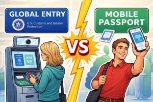 Illustration showing travelers choosing between Global Entry and Mobile Passport Control as faster options for clearing U.S. customs and immigration after international travel.