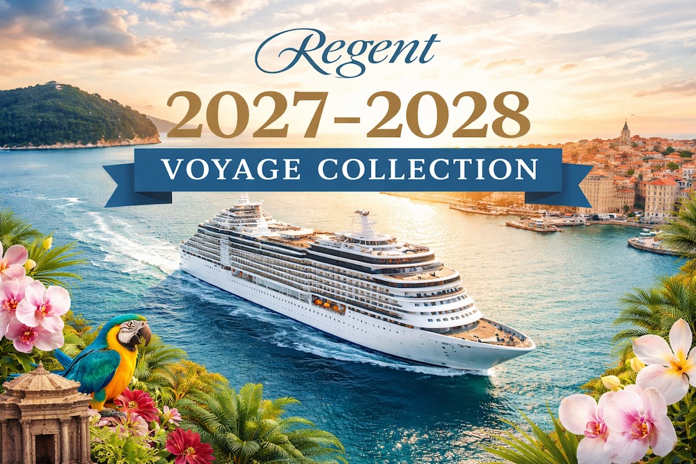 Regent Seven Seas Cruises ship sailing along a scenic coastline representing the 2027-2028 Voyage Collection and luxury global travel
