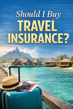 Tropical travel scene with suitcase and overwater bungalows illustrating the question should I buy travel insurance