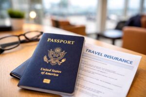 U.S. passport resting on a travel insurance document in an airport lounge setting