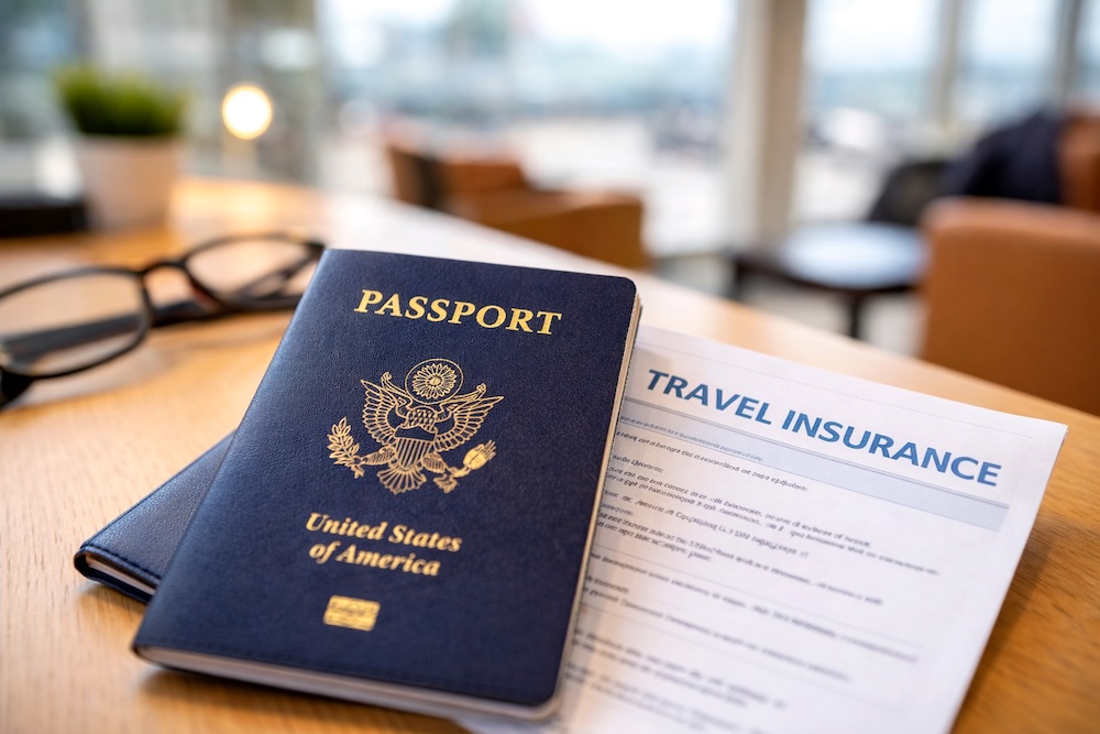 U.S. passport resting on a travel insurance document in an airport lounge setting