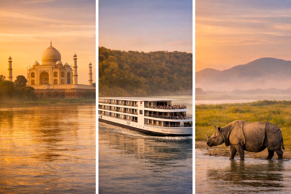 Collage featuring Viking India river cruise ship on the Brahmaputra River, the Taj Mahal, and a one-horned rhinoceros in Kaziranga National Park