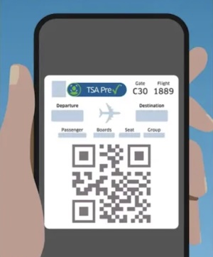 Mobile boarding pass displaying TSA PreCheck Touchless ID indicator for facial recognition verification at airport security checkpoints.