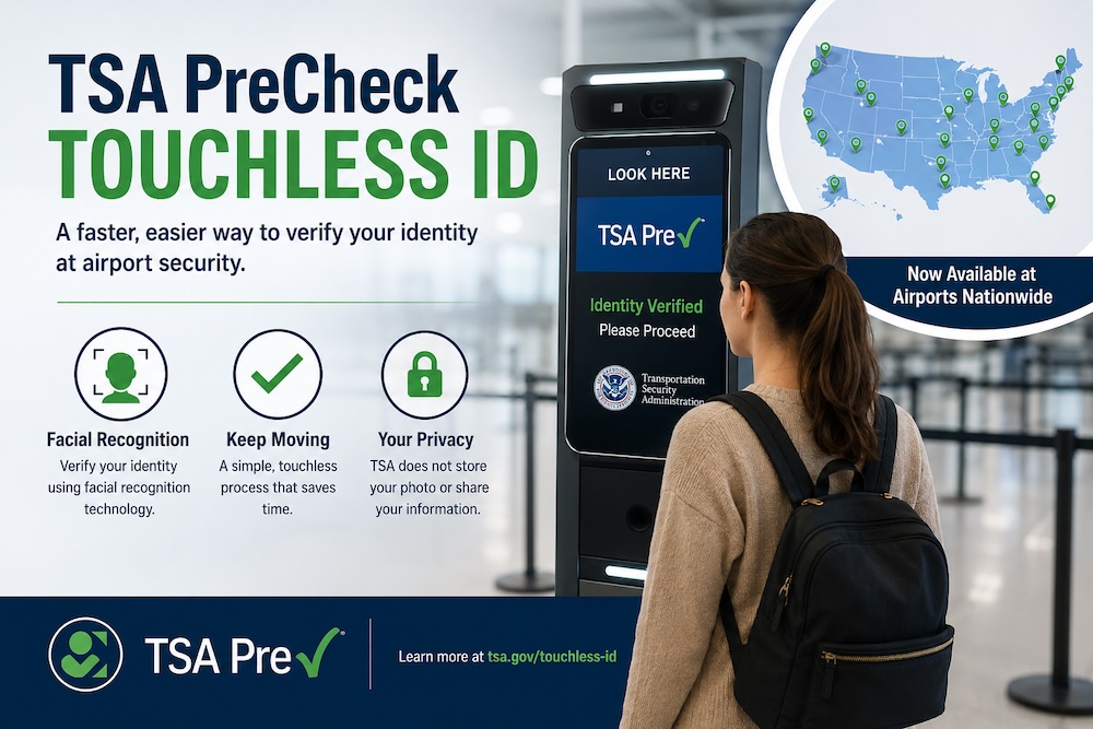 Traveler using TSA PreCheck Touchless ID facial recognition kiosk at airport security with nationwide airport availability map and identity verification graphics.