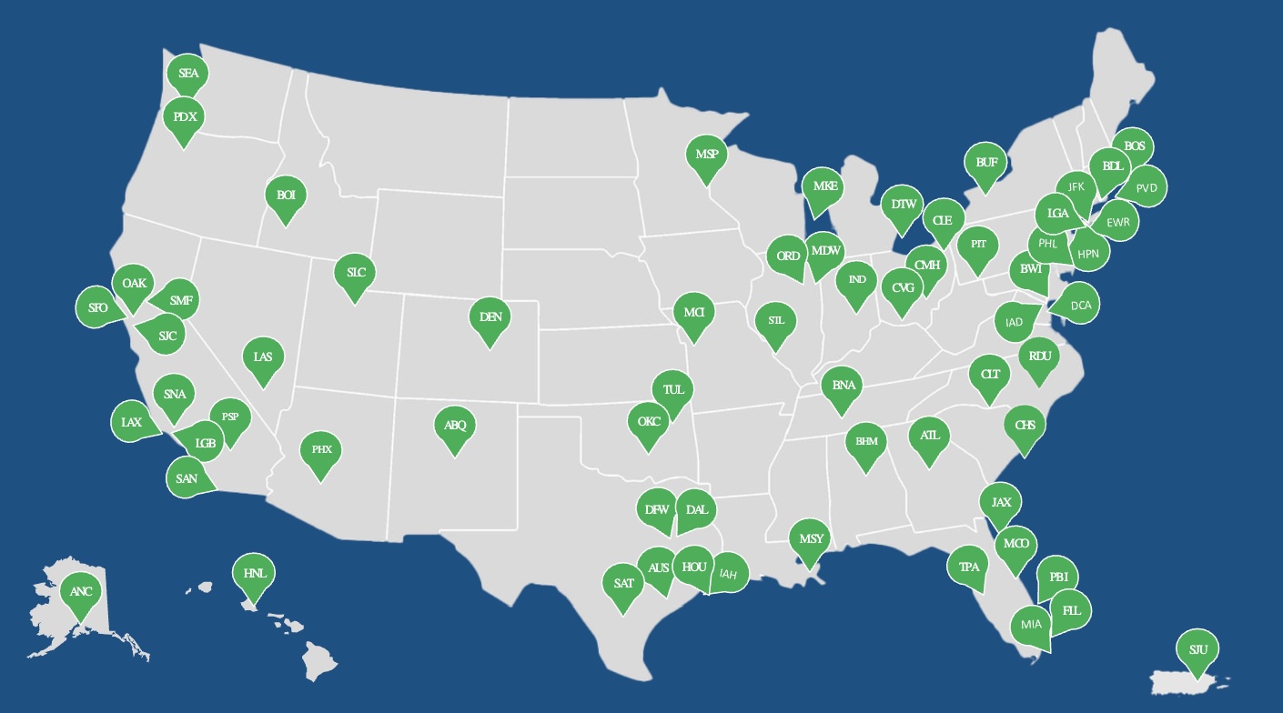 Map of U.S. airports participating in the TSA PreCheck Touchless ID program, showing locations nationwide where facial recognition identity verification is available.