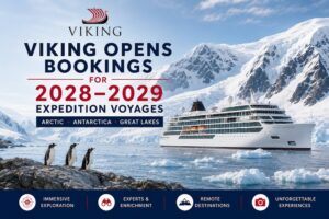 Viking Octantis sailing in Antarctica promoting Viking’s 2028 and 2029 expedition voyages to the Arctic, Antarctica, and Great Lakes.