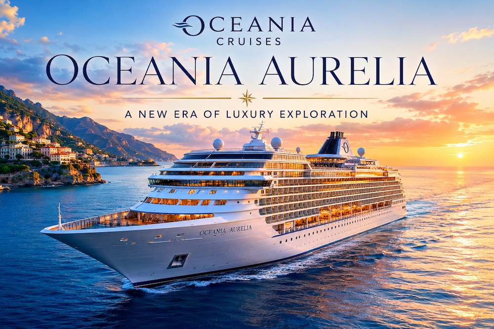 Oceania Aurelia, the reimagined former Oceania Nautica, sailing at sunset as Oceania Cruises’ newest luxury ship designed for grand voyages and world cruises.