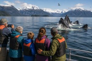 AI-generated image of a multigenerational family watching humpback whales bubble-feed during a wildlife cruise in Alaska, surrounded by snow-capped mountains and scenic coastal landscapes.