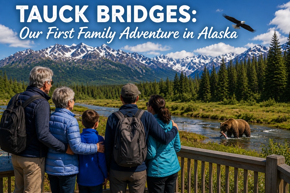 AI-generated image of a multigenerational family viewing a grizzly bear catching salmon from a safe wildlife observation platform in Alaska, with snow-capped mountains and a soaring bald eagle in the background.
