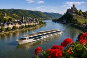 An AmaWaterways river cruise ship sails through a scenic European river valley surrounded by vineyards, a hilltop castle, and a charming historic town.