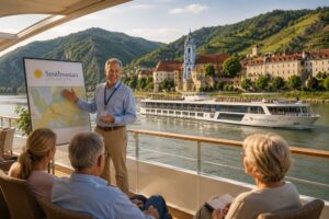 Guests attend a Smithsonian Journeys presentation aboard an AmaWaterways river cruise while sailing past a picturesque European village.