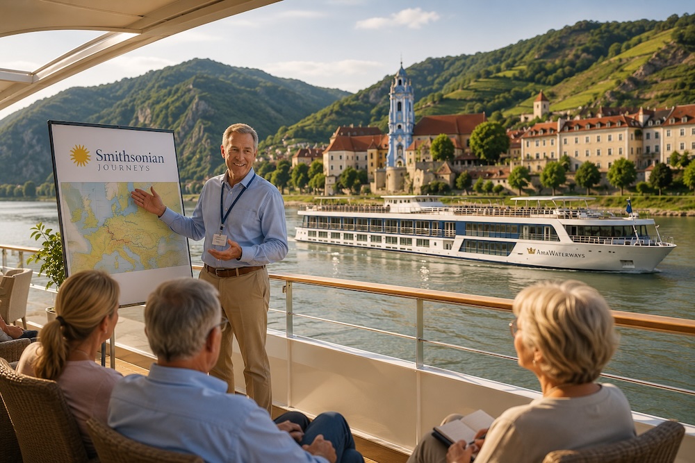 Guests attend a Smithsonian Journeys presentation aboard an AmaWaterways river cruise while sailing past a picturesque European village.