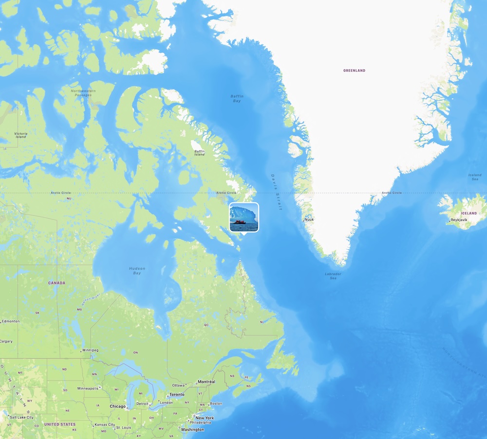 Map showing the Davis Strait between Greenland and Canada's Baffin Island, highlighting the location where we encountered giant Arctic icebergs during our Silversea Expeditions voyage.