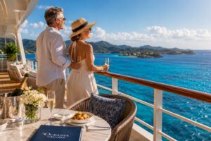 A couple enjoys champagne on the deck of an Oceania Cruises ship while overlooking the turquoise waters and lush islands of the Caribbean.