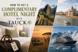 Luxury hotel room with a travel bag alongside a collage representing Tauck journeys, including land tours, river cruising, safaris, expeditions, and cultural destinations, illustrating how travelers can receive a complimentary hotel night.
