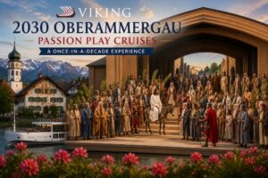 Illustration of the 2030 Oberammergau Passion Play with costumed performers on stage, a Viking Longship, the Bavarian village of Oberammergau, and the Alps in the background.