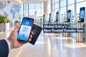 Global Entry’s new Trusted Traveler app shown on a smartphone at an airport arrival area