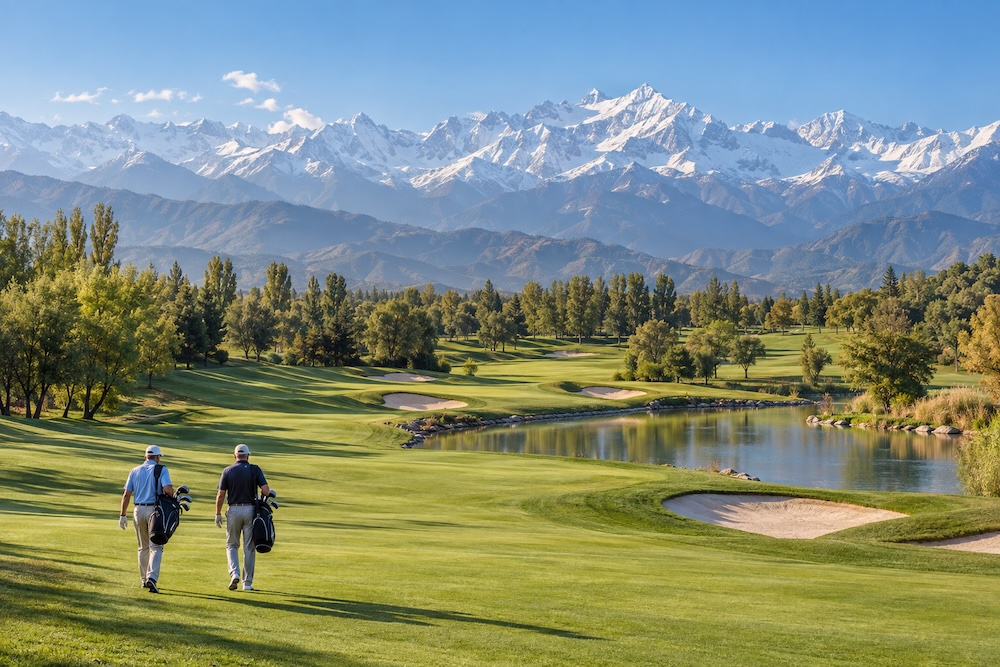 Golfers walking a championship course near Almaty with the snowcapped Tian Shan Mountains in the background.