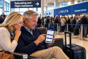 Luxury baby boomer couple using an airline app to rebook their flight while passengers wait in a long airport customer service line.