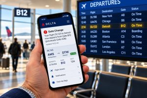 Delta Air Lines mobile app displaying a real-time gate change notification alongside an airport departures board.