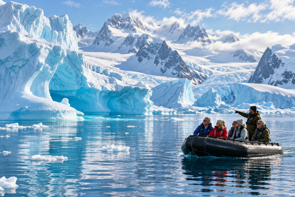 Luxury travelers explore Antarctica by Zodiac among icebergs and snow-covered mountains