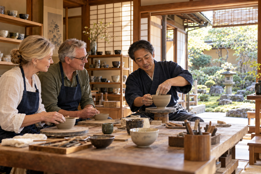 Travelers take part in a private pottery experience with a Japanese artisan in Kyoto