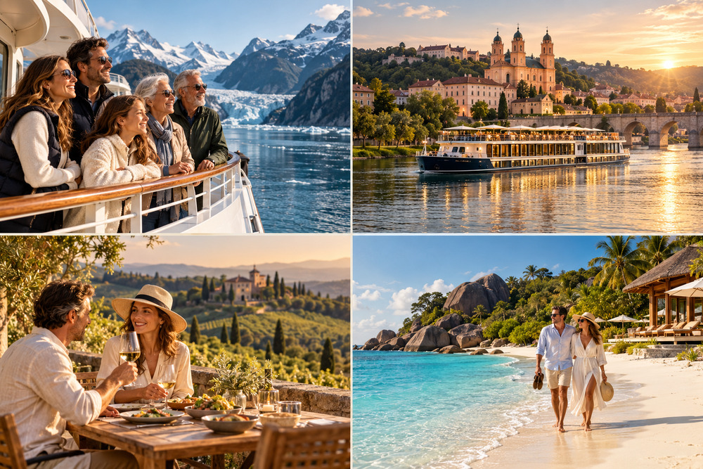 Luxury travel collage featuring multigenerational Alaska cruising, a European river cruise, vineyard dining, and a tropical beach resort