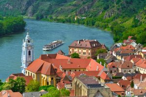 Viking river cruise ship sailing the Danube in Durnstein, Austria