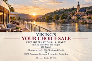 Viking’s Popular Your Choice Sale on a Viking river cruise ship deck at sunset